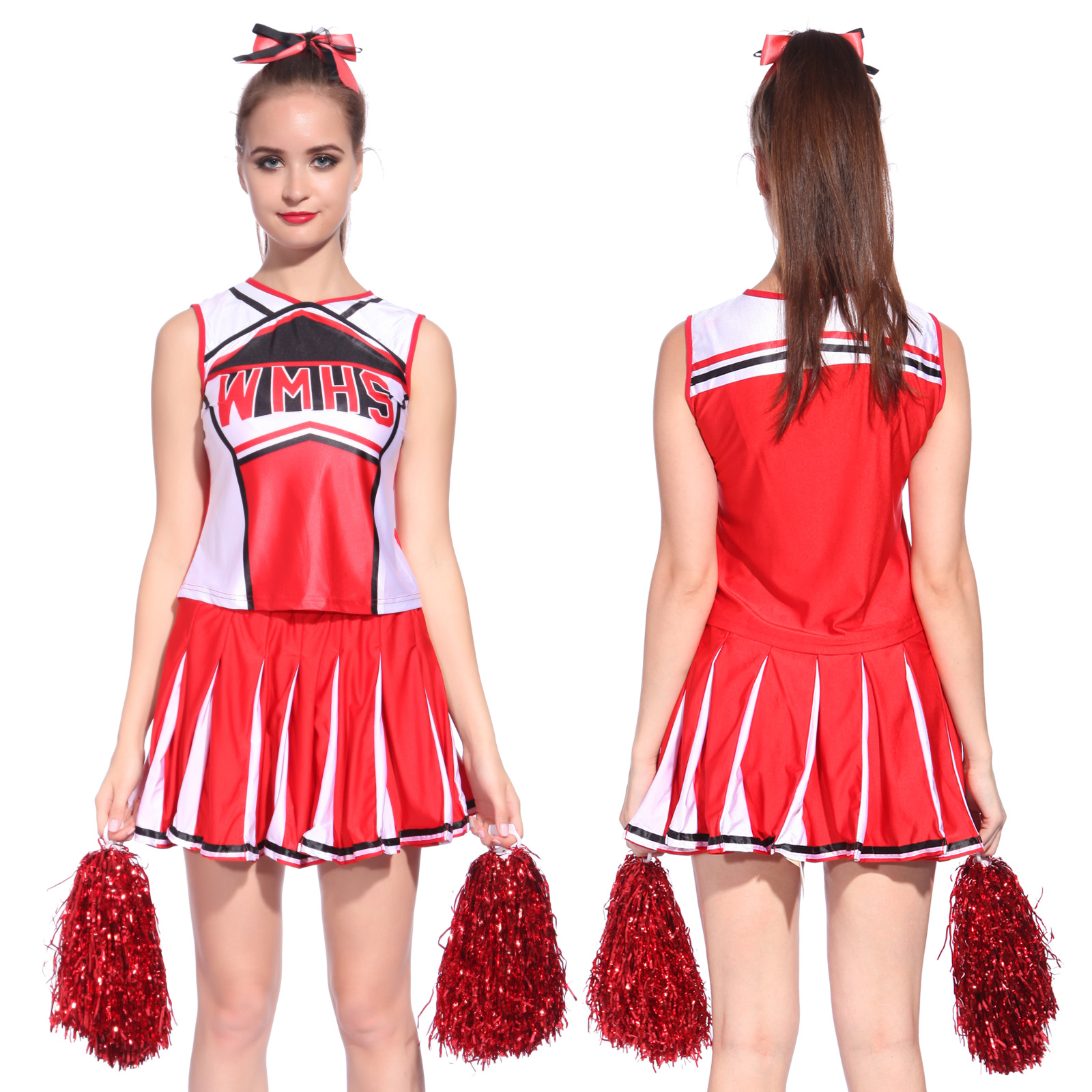 Ladies Glee Cheerleader School Girl Fancy Dress Uniform Costume + Pom ...
